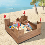 Costzon Kids Sandbox, Cedar Wood 45" x 45" Sand Pit w/Built-in Bench Seats, Storage Boxes, Flags & Protective Bottom Liner, Outdoor Sand Box for Kids Age 3+ for Backyard Garden Beach Costzon