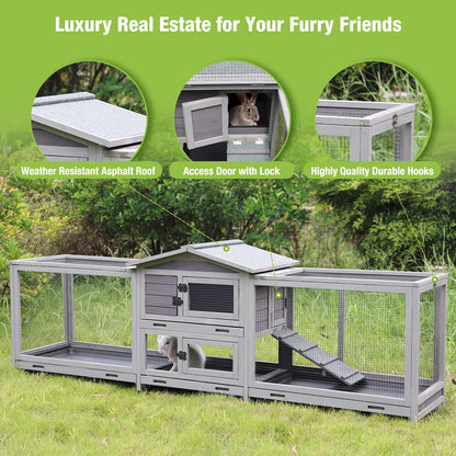 Rabbit Hutch Bunny Cage Indoor & Outdoor Rabbit Cage on Wheels, Large Guinea Pig Cage with 4 Deep No Leakage Pull Out Trays - 93.7" - WoodArtSupply