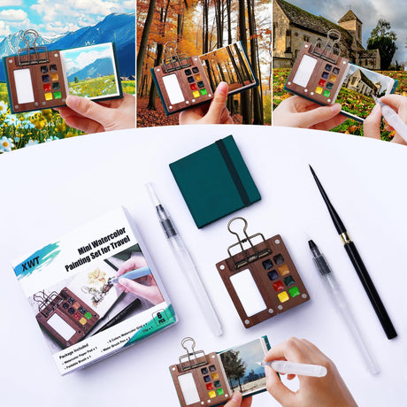 XWT Mini Watercolor Paint Set, Portable Travel Art Kit with Wooden Palette, 8 Color Pigments, Watercolor Pad, Water Brush Pens and Accessories for Artists and Students XWT