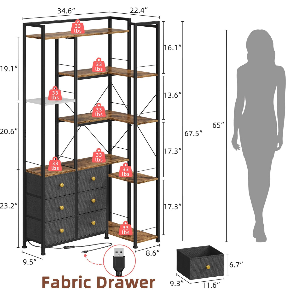 AFLUI Corner Bookshelf with LED Lights & 6 Fabric Drawers, 5-Tier Industrial L-Shaped Bookcase with Acrylic Display Shelf for Living Room, Office AFLUI