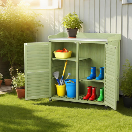 FTCBNet Outdoor Potting Bench with Metal Work Top,Waterproof Garden Storage Cabinet,Wooden Tool Station Shed for Backyard,Patio,Lawn Gardening FTCBNet