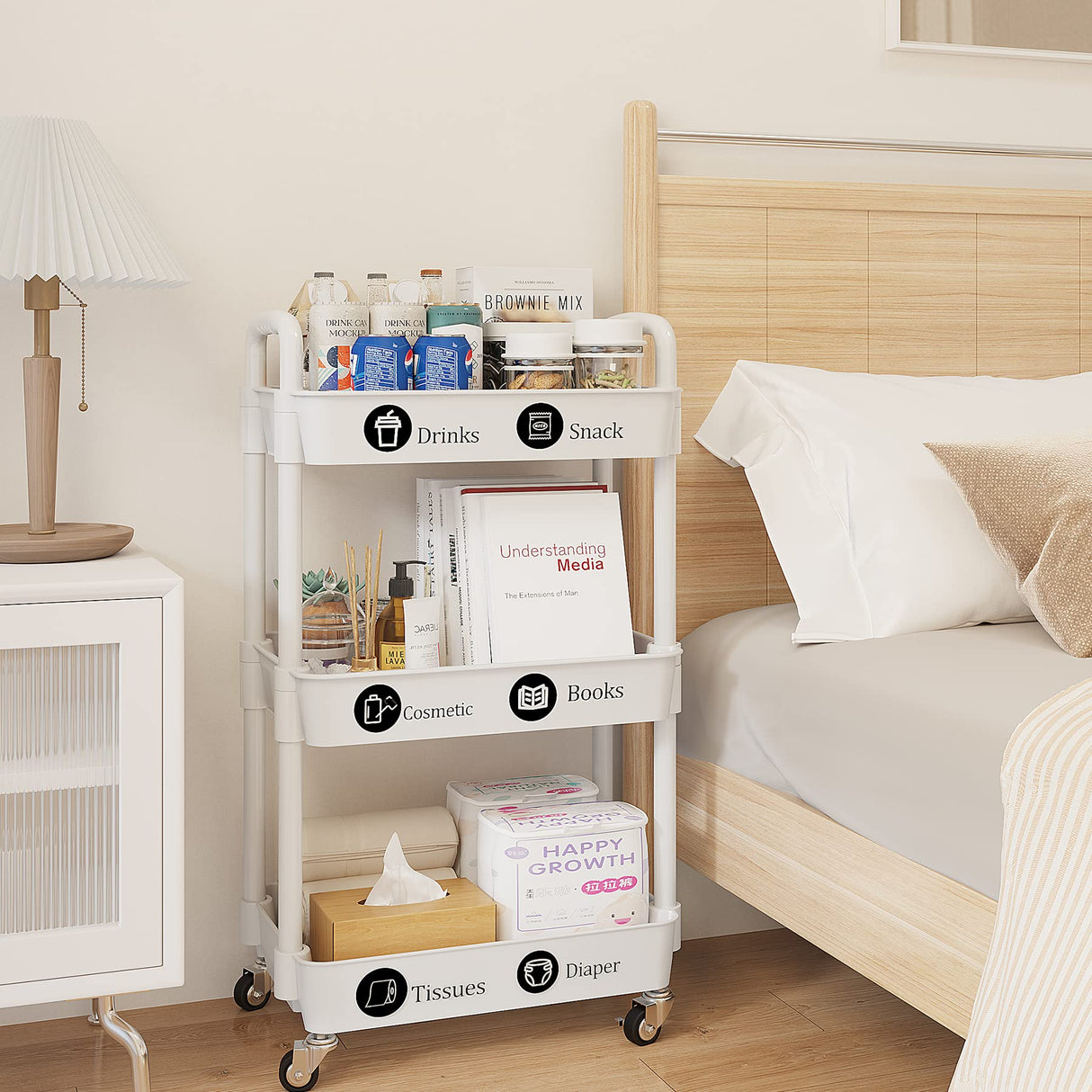 UDEAR 3-Tier Rolling Utility Cart with 12 Category Labels,Multifunctional Storage Shelves with Handle and Lockable Wheels for Room,Office,Kitchen,Bathroom,White UDEAR