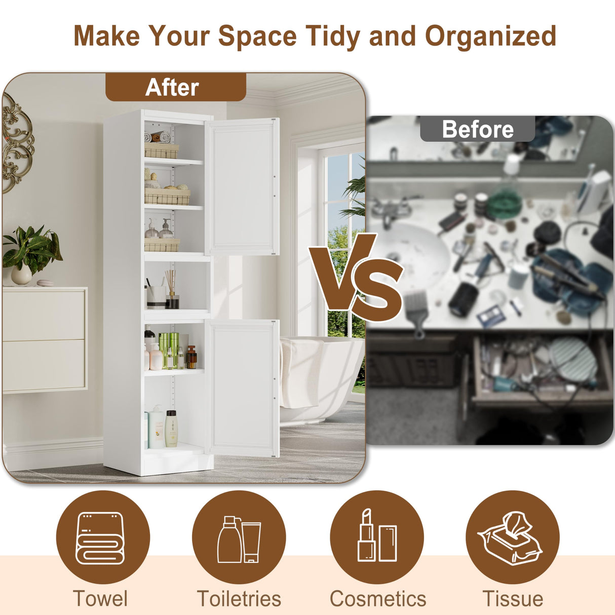 pozdeg Tall Bathroom Storage Cabinet, 67" H Metal Kitchen Pantry Cabinet with 2 Doors and 4 Adjustable Shelves, Space Narrow Bathroom Organizer for Kitchen, Living Room, Home Office pozdeg