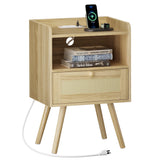 SUPERJARE Nightstand with Charging Station & Rattan-Like Decor Drawer, Rattan End Table with Solid Wood Feet, Bed Side Table with Open Storage, for Bedroom, Living Room, Dormitory - Natural SUPERJARE