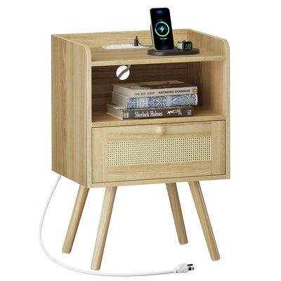 SUPERJARE Nightstand with Charging Station & Rattan-Like Decor Drawer, Rattan End Table with Solid Wood Feet, Bed Side Table with Open Storage, for Bedroom, Living Room, Dormitory - Natural