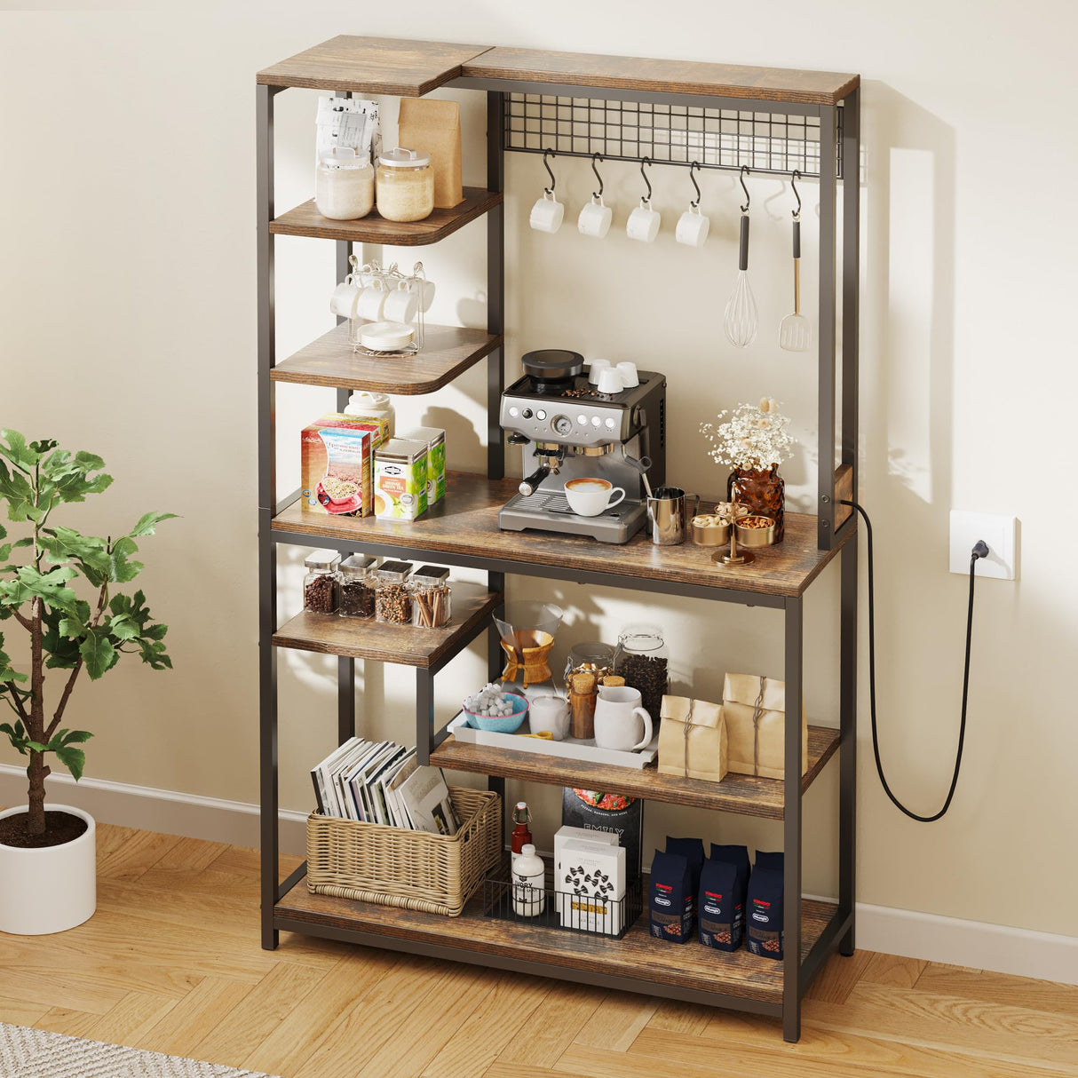 YITAHOME 39 Inch Rustic Brown Kitchen Microwave Stand and Bakers Rack with Power Outlet and 6 Hooks YITAHOME