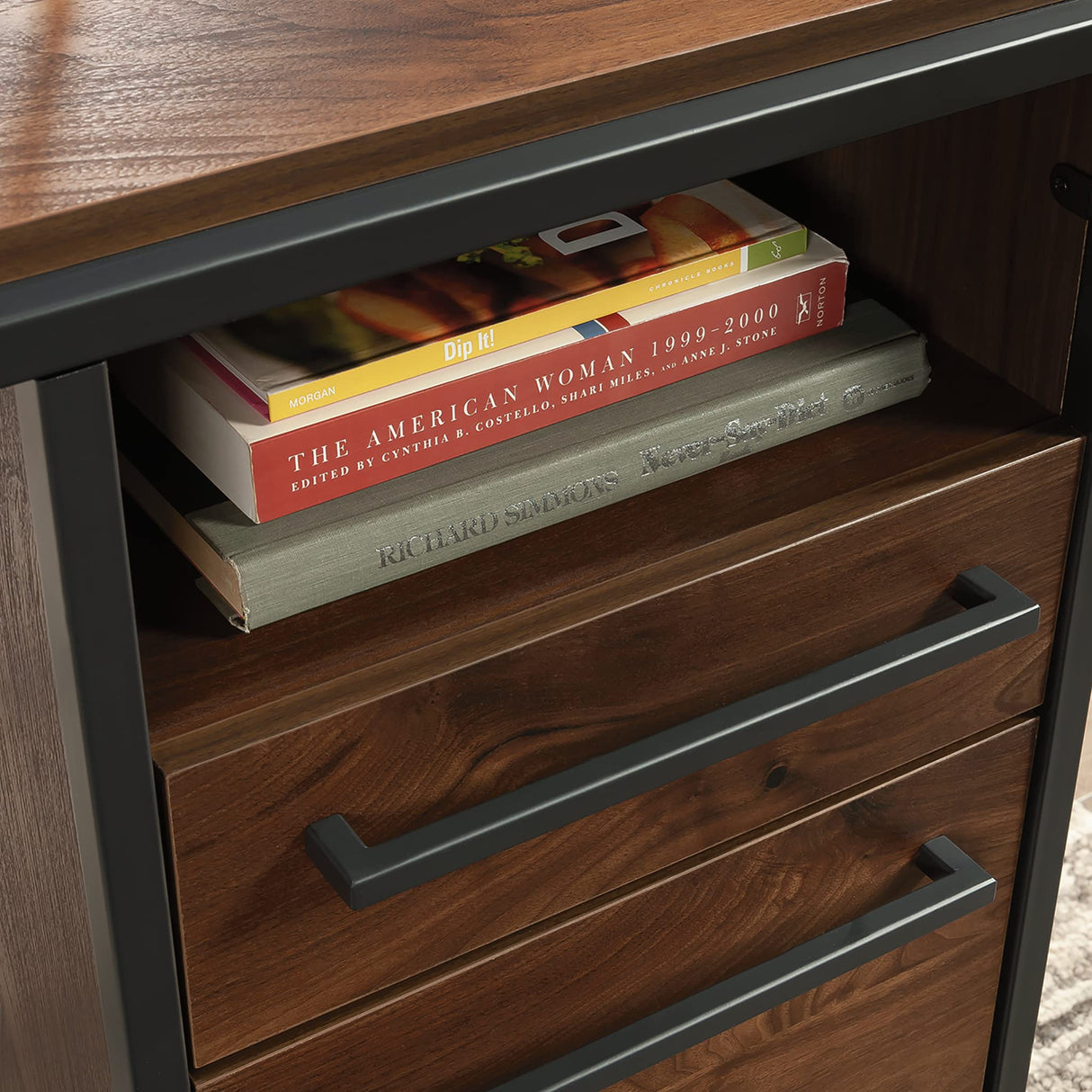 Sauder Nova Loft Single Ped Desk, L: 48.74" x W: 24.96" x H: 29.53", Grand Walnut Finish Sauder