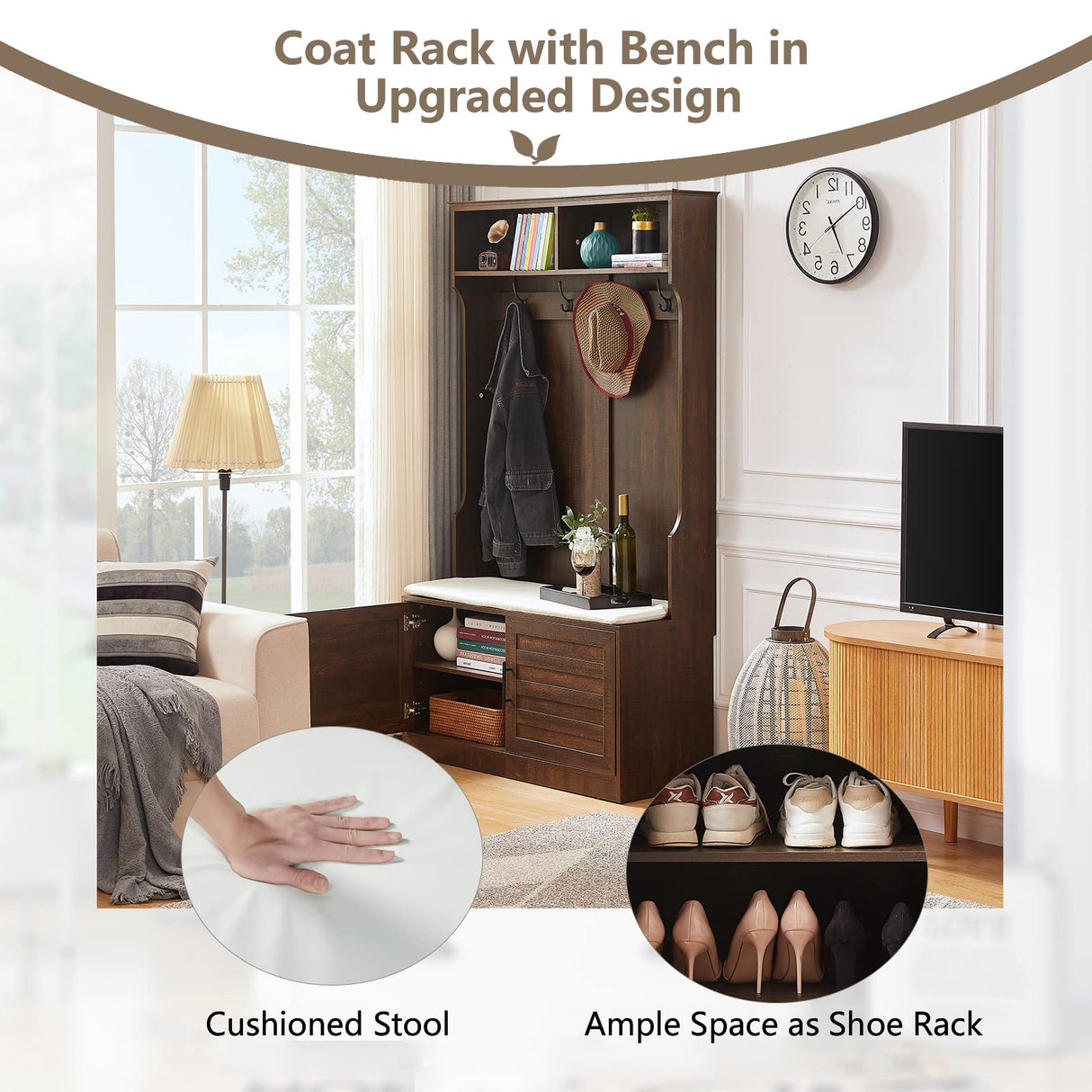 Betoko Hall Trees with Bench and Coat Racks, Farmhouse 71 Inch Entryway Bench with 2 Cabinet Doors, Wood Coat Tree Mudroom Storage Bench (Walnut) Betoko