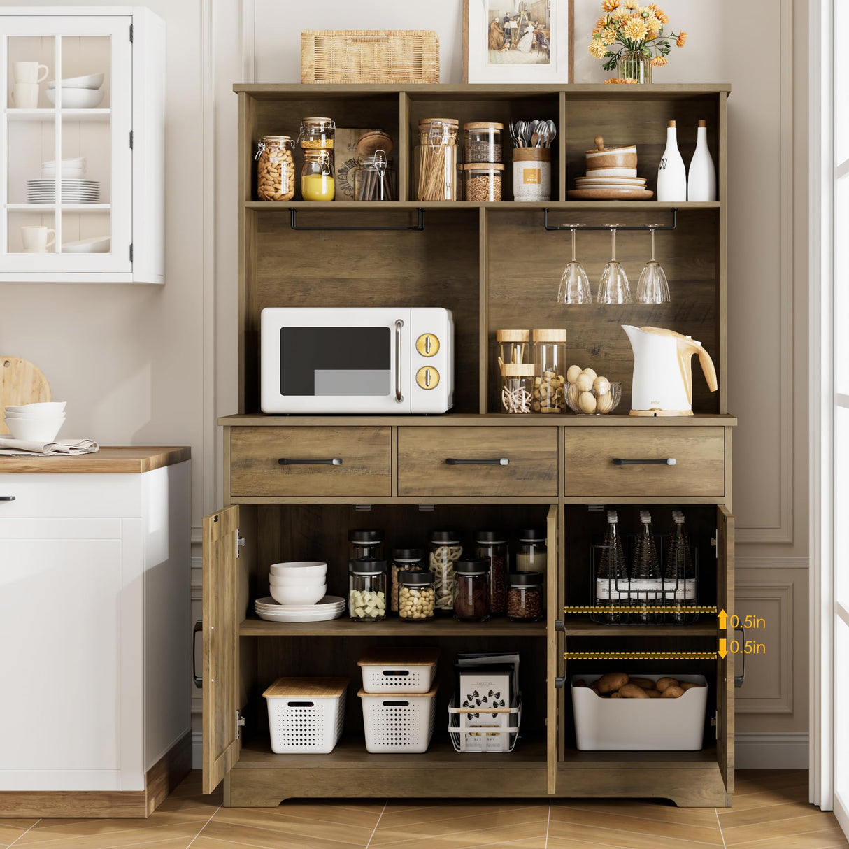 HOSTACK Buffet Cabinet with Hutch, Modern Farmhouse Kitchen Buffet Sideboard Storage Cabinet with 3 Drawers, Barn Door Coffee Bar Station, Liquor Cabinet for Dining Room, Living Room, Rustic Brown HOSTACK
