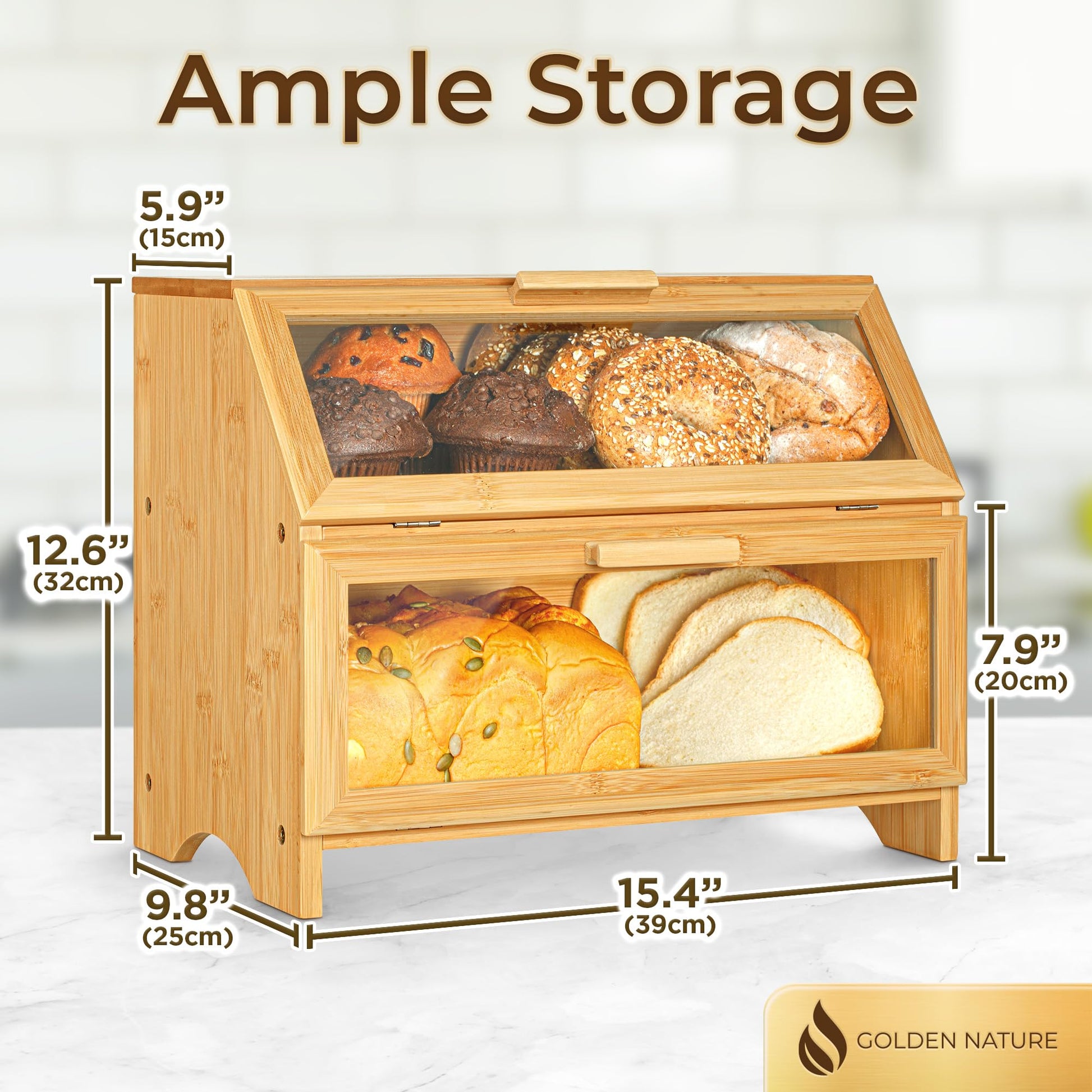 Golden Nature Double Layer Bamboo Bread Box for Kitchen Countertop, Large Wooden Storage Box W/Clear Display Windows, Food Keeper for Muffins, Bagels & Cookies - WoodArtSupply