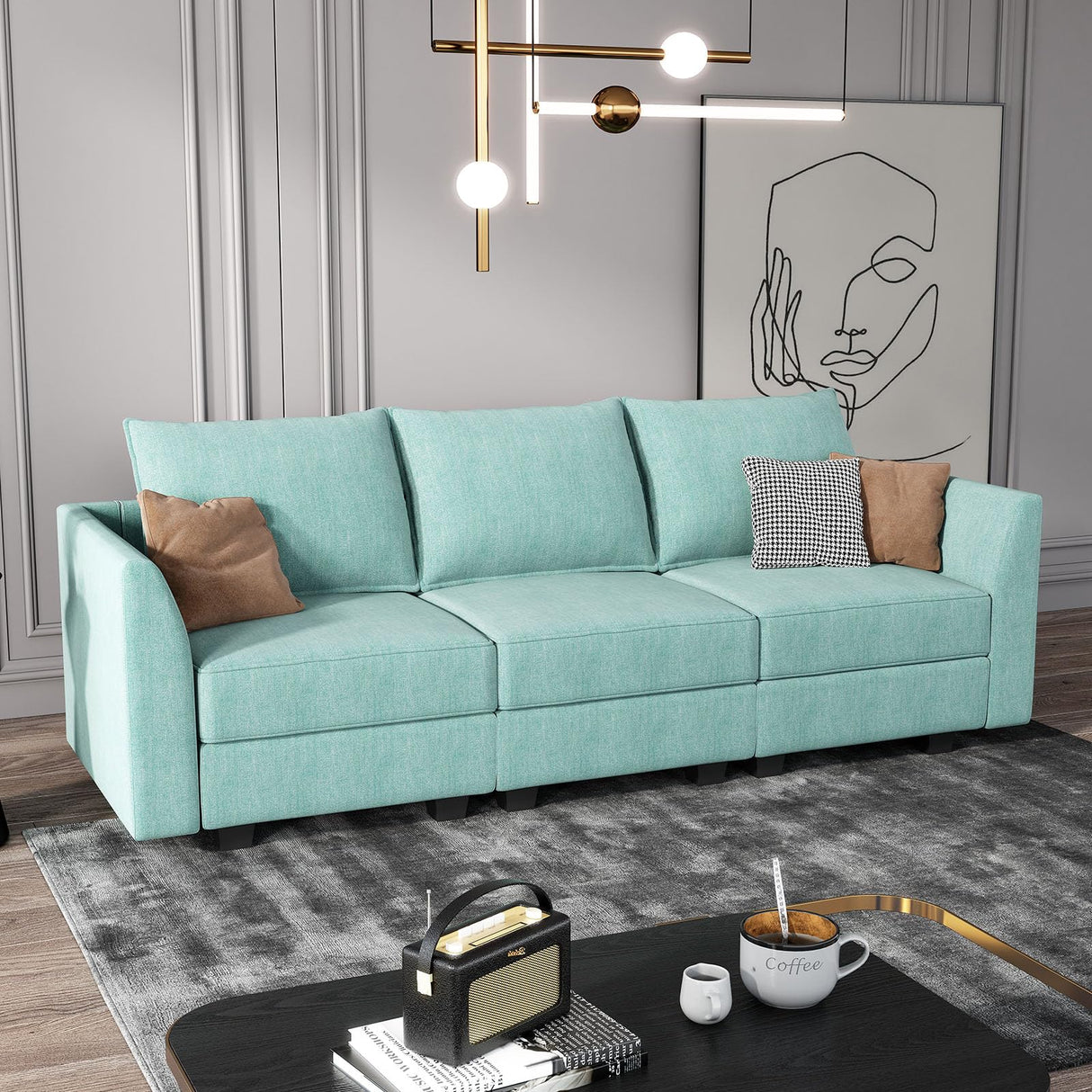 HONBAY Convertible Sectional Sofa Couch with Storage Seats Modular 3 Seater Sofa for Small Space, Aqua Blue HONBAY