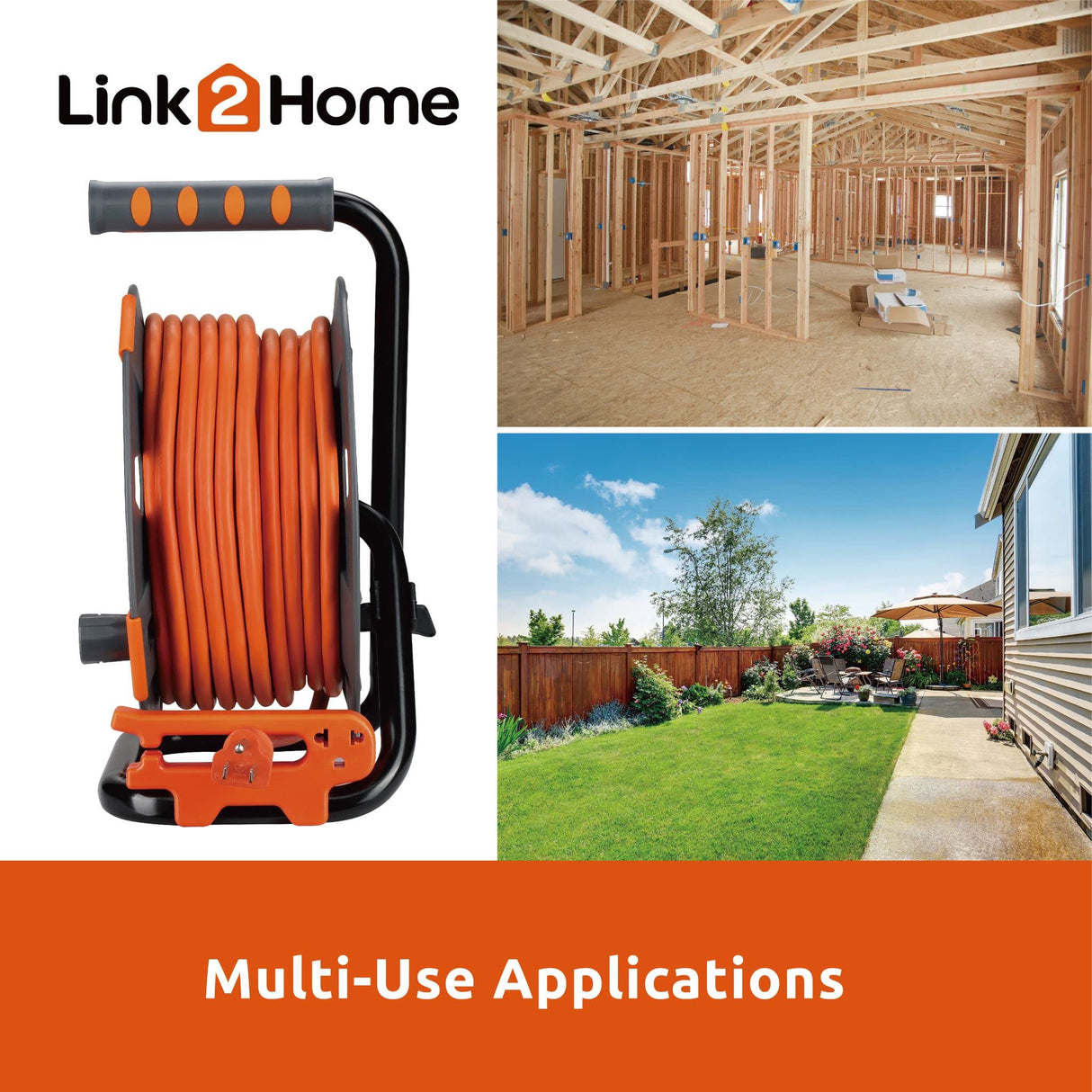 Link2Home Cord Reel 80 ft. Extension Cord 4 Power Outlets – 14 AWG SJTW Cable. Heavy Duty High Visibility Power Cord. Link2Home