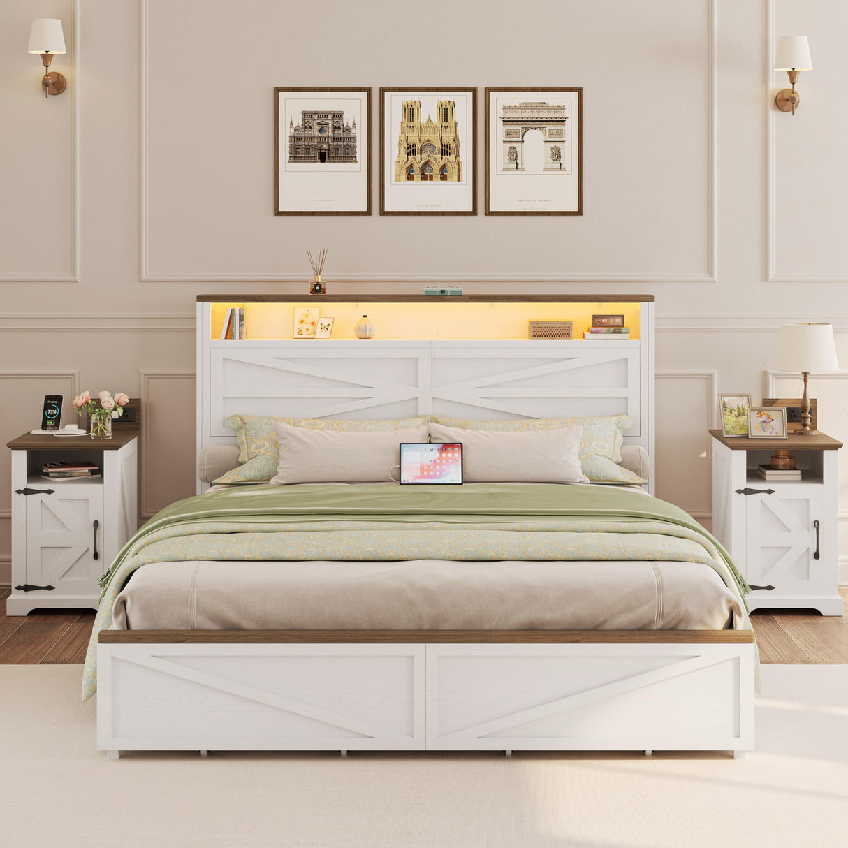 IRONCK Farmhouse Nightstand with Charging Station, Rustic Night Stand with Barn Door and Shelf, Rustic End Table Side Table with Storage for Bedroom, White/Walnut IRONCK