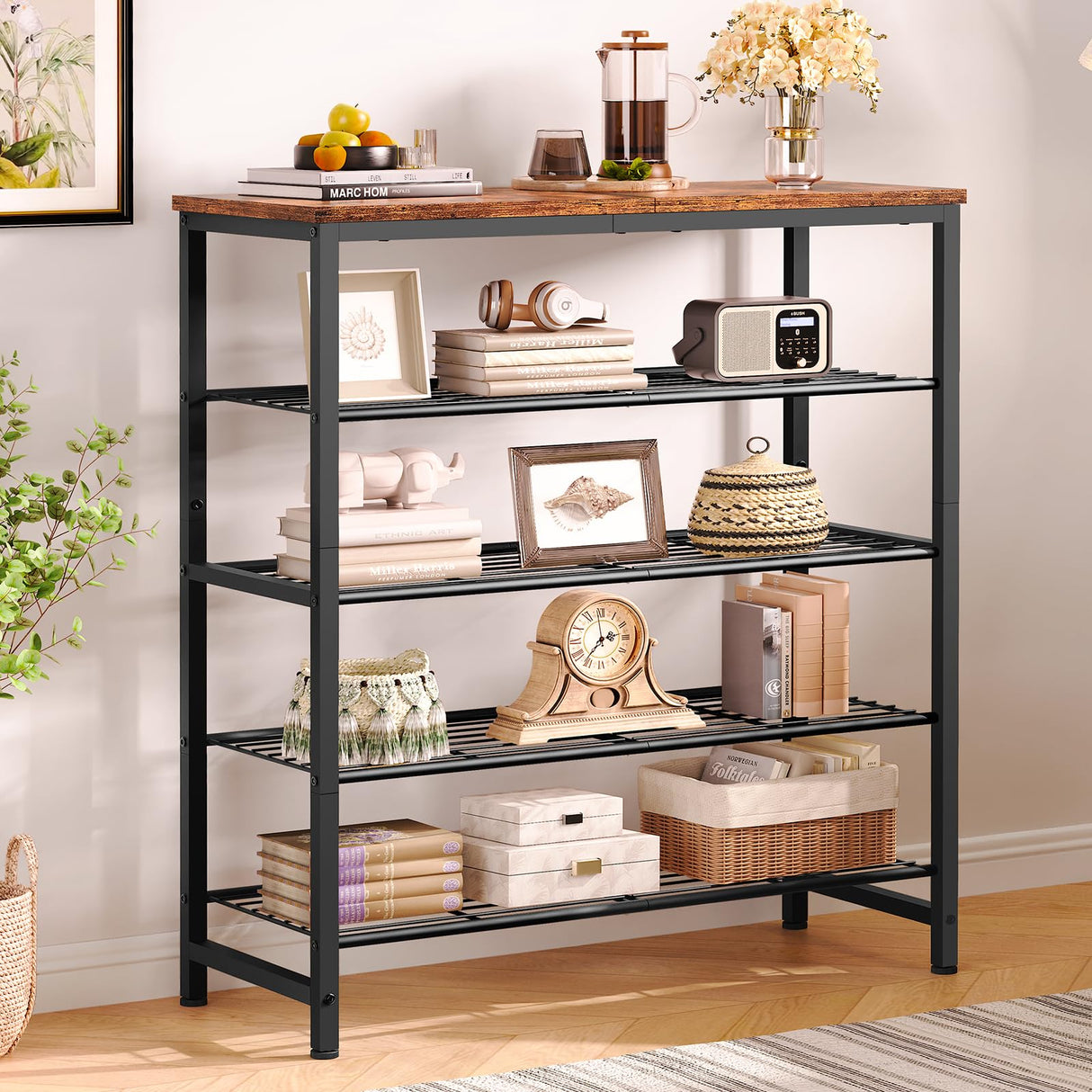 usikey 5-Tier Shoe Rack, Industrial Shoe Storage Organizer for 12-16 Pairs of Shoes, Metal Shoe Shelf with Wooden Top, Shoe Stand with 3 Metal Shelves for Entryway, Hallway, Closet, Rustic Brown usikey