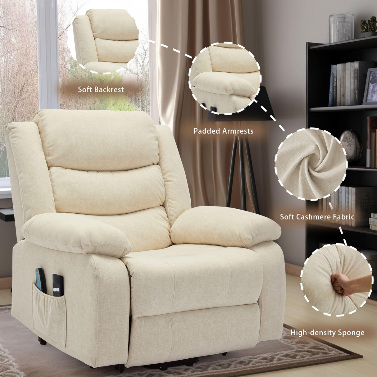 Korser Oversized Power Lift Recliner for Elderly, Electric Recliner Chairs with Massage and Heat, Extra Wide Recliner with Side Pockets, Reclining Chair for Living Room (Cashmere, Beige) Korser