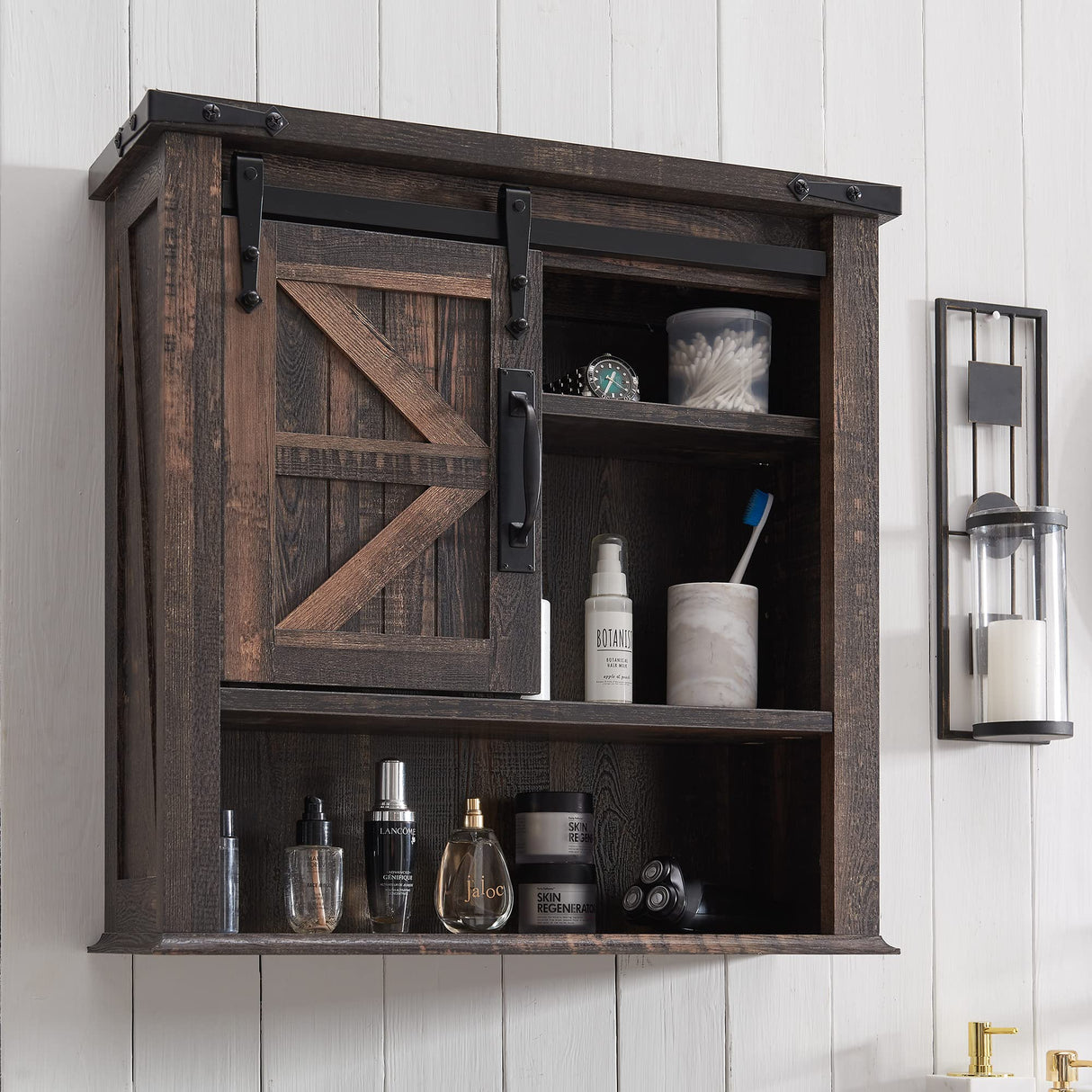 OKD Bathroom Wall Cabinet, Farmhouse Medicine Cabinet with Sliding Barn Door & Adjustable Shelves, Storage Cabinet Wall Mounted for Bathroom, Kitchen, Dark Rustic Oak OKD