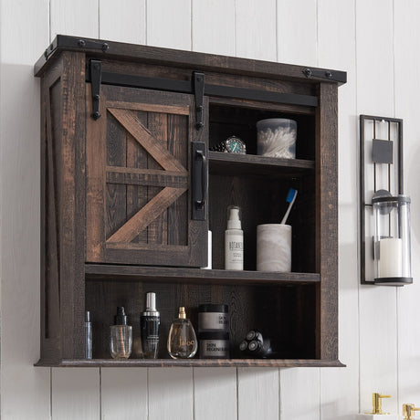 OKD Bathroom Wall Cabinet, Farmhouse Medicine Cabinet with Sliding Barn Door & Adjustable Shelves, Storage Cabinet Wall Mounted for Bathroom, Kitchen, Dark Rustic Oak OKD