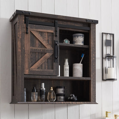 OKD Bathroom Wall Cabinet, Farmhouse Medicine Cabinet with Sliding Barn Door & Adjustable Shelves, Storage Cabinet Wall Mounted for Bathroom, Kitchen, Dark Rustic Oak