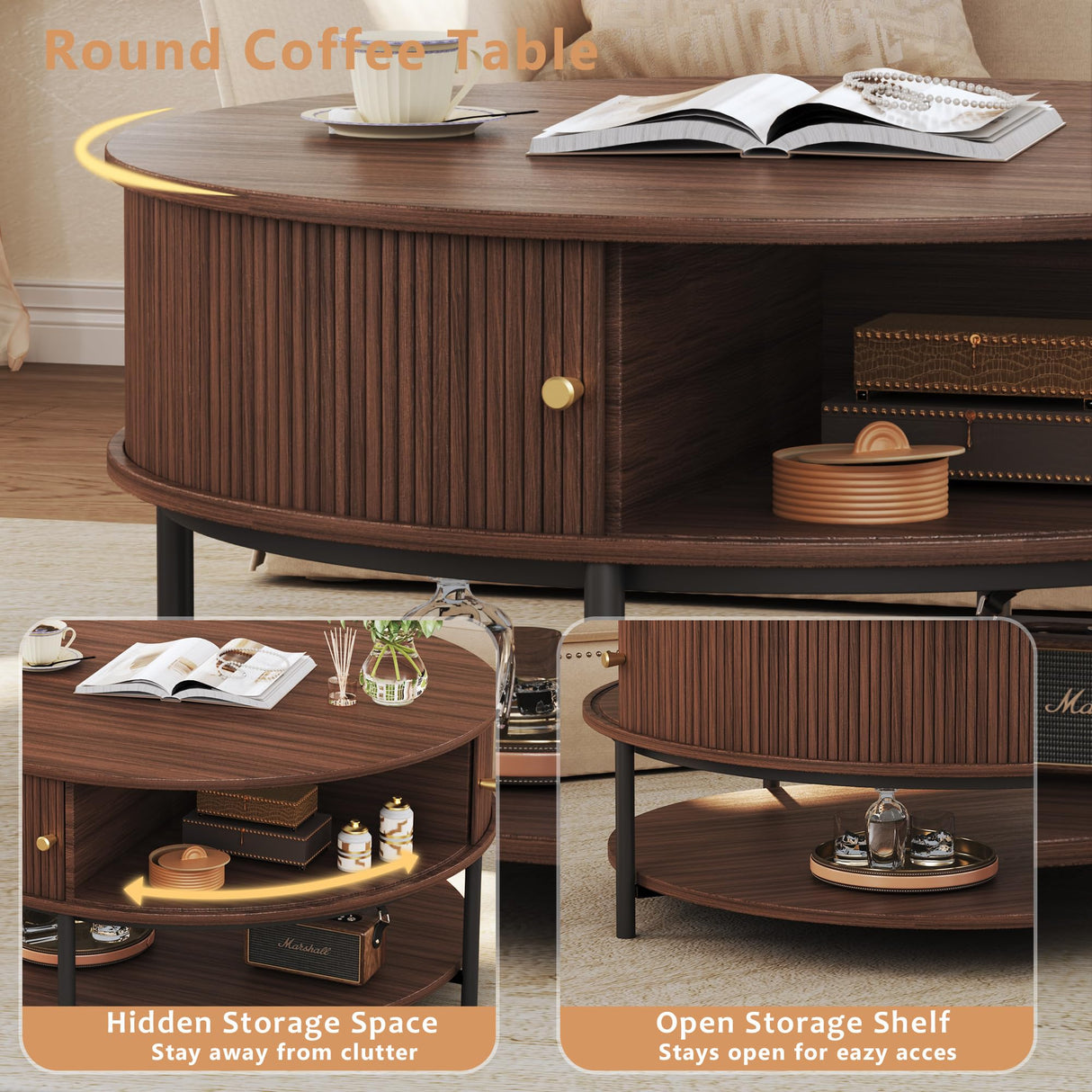 HUAHUU 31.5" Round Coffee Table with Storage, Mid Century Modern Coffee Table with Sliding Cabinet Door, Round Metal Legs, 3-Tier Small Round Coffee Tables for Living Room, Walnut HUAHUU