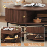 HUAHUU 31.5" Round Coffee Table with Storage, Mid Century Modern Coffee Table with Sliding Cabinet Door, Round Metal Legs, 3-Tier Small Round Coffee Tables for Living Room, Walnut HUAHUU