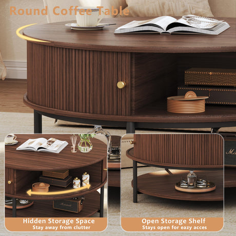 HUAHUU 31.5" Round Coffee Table with Storage, Mid Century Modern Coffee Table with Sliding Cabinet Door, Round Metal Legs, 3-Tier Small Round Coffee Tables for Living Room, Walnut HUAHUU