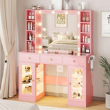 HUANLEGO Pink Vanity Desk with Mirror and Lights, Glass Top Vanity with Lighted Mirror & RGB Glass Cabinet and 3 Drawers, Makeup Vanity Desk with Lights Dressing Table for Bedroom, 3 Color Modes HUANLEGO