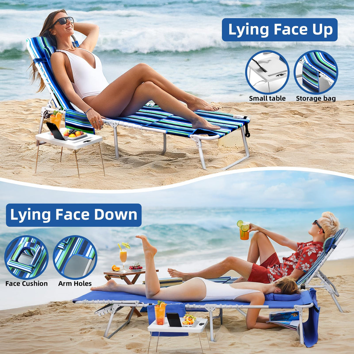 3-in-1 Beach Chair Face Holes, Lounge Chair Outdoor with Folding Side Table, 5-Position Recliner, Lay Flat, Removable Pillow, Heavy Duty, Max 330lbs, Poolside, Patio, Camping, Backyard Striped Blue Yestomo