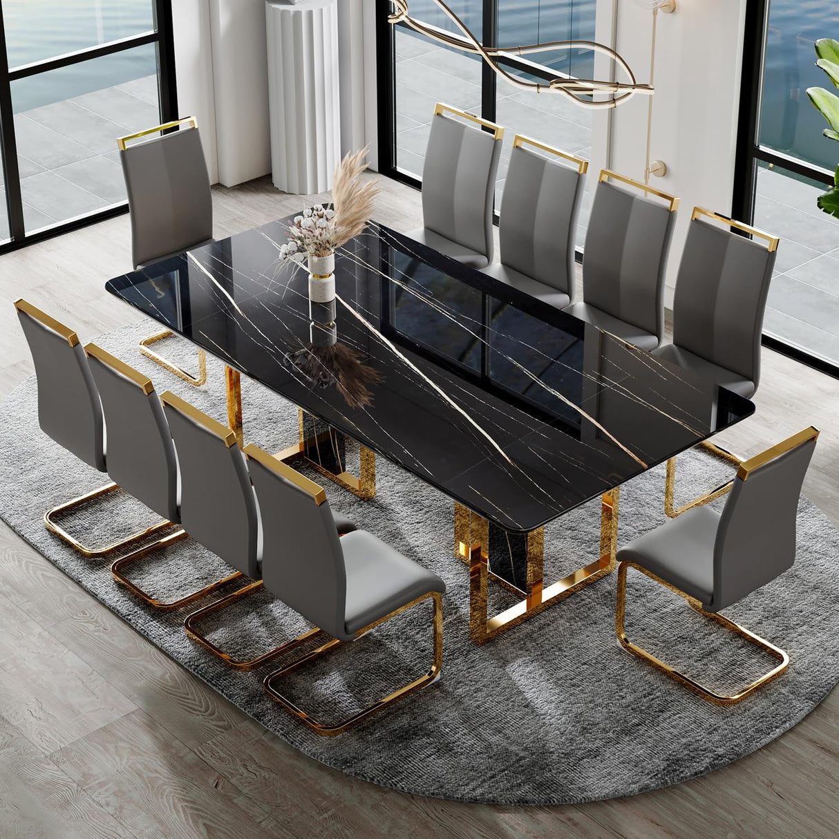 79in Dining Table Set For 10,Kitchen Table Chairs Set With Glossy Faux Mareble Table Top ,Black Rectangle Dining Room Table Set For 10,11 Piece Kitchen Table And Chairs Set For Kitcken Dining Room JUFU