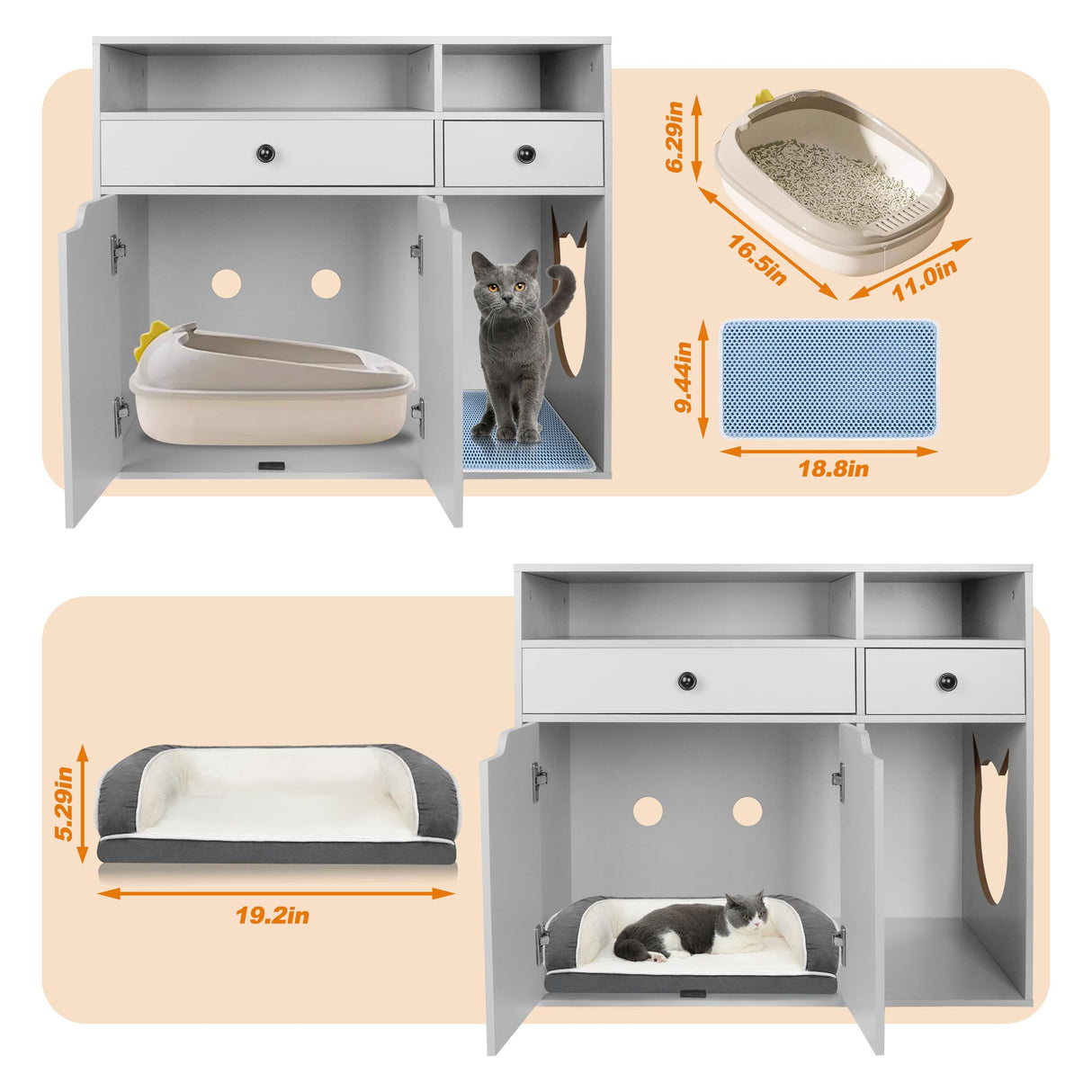 DOUSY Large Cat Litter Box Enclosure, Wooden Washroom Cabinet with Barn Door, Hidden Cat House Side Table, Grey DOUSY