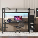 Metal Gaming Loft Bed with Stairs, Desk, RGB LED Light, Storage Wardrobe & Charging Station - Black Luckiofvonne