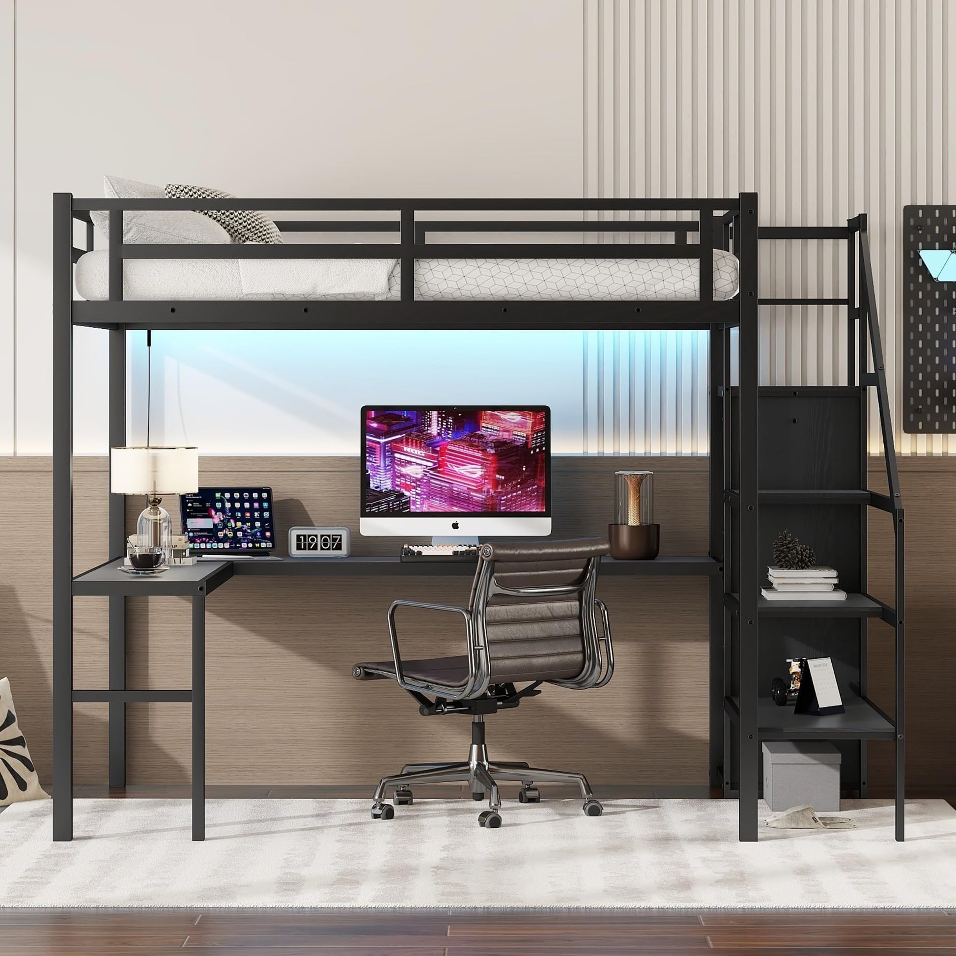 Metal Gaming Loft Bed with Stairs, Desk, RGB LED Light, Storage Wardrobe & Charging Station - Black - WoodArtSupply