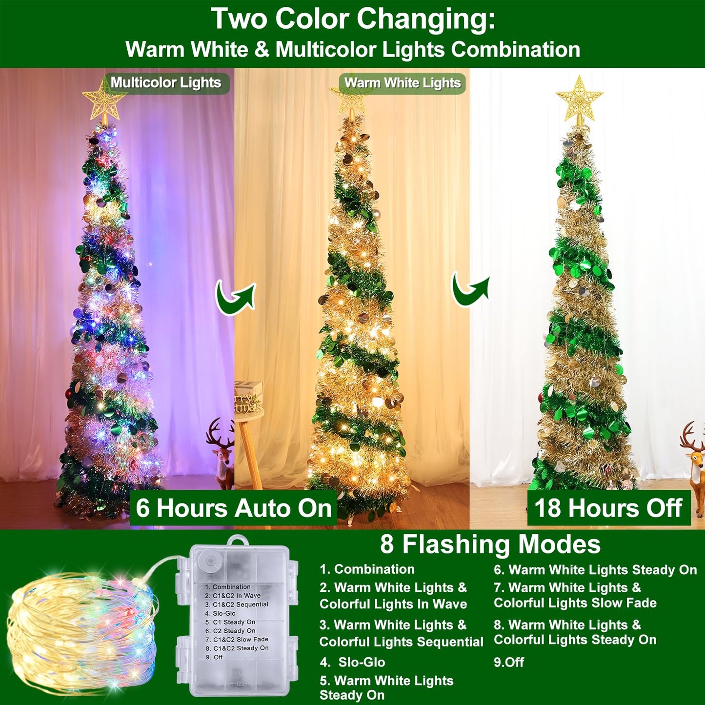 Dual Color Change & Timer - 5FT Pop Up Christmas Tree, Tinsel Christmas Tree 50 Warm White & Colored Lights 8 Mode 3D Star Sequins 1 Minute Collapsible Pencil Christmas Tree Home Indoor Party