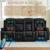 URRED Loveseat Recliner Sofa with Massage and Heat, Power Reclining Loveseat Sofa RV Couch with Console and Middle Seat, 3-Seater Home Theater Seating with LED Lights, Faux Leather, Black URRED