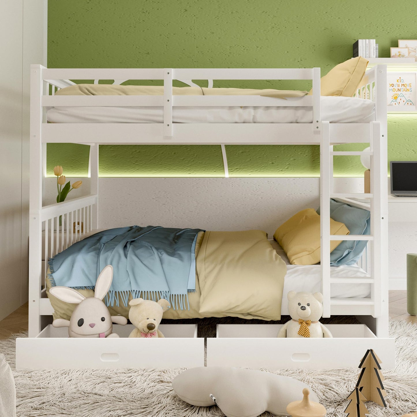 Merax White Convertible Solid Wood Bunk Bed with Ladders and Storage Drawers - Full Over Full - WoodArtSupply