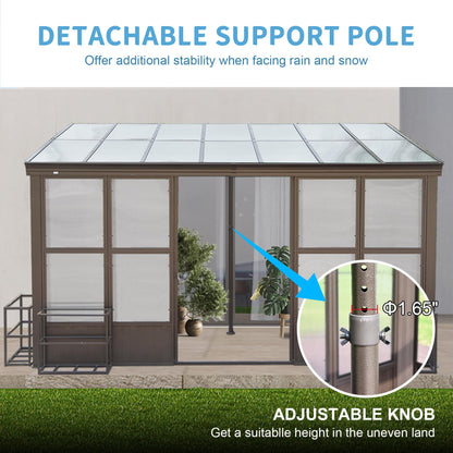 Domi Lean-to Sunroom 10x14FT, Wall Mounted Solarium with Sloping Polycarbonate Roof, Detachable Polycarbonate Screens, 2 Lockable Sliding Doors, Aluminum Gazebo Against Wall Sun Room for Pati - WoodArtSupply