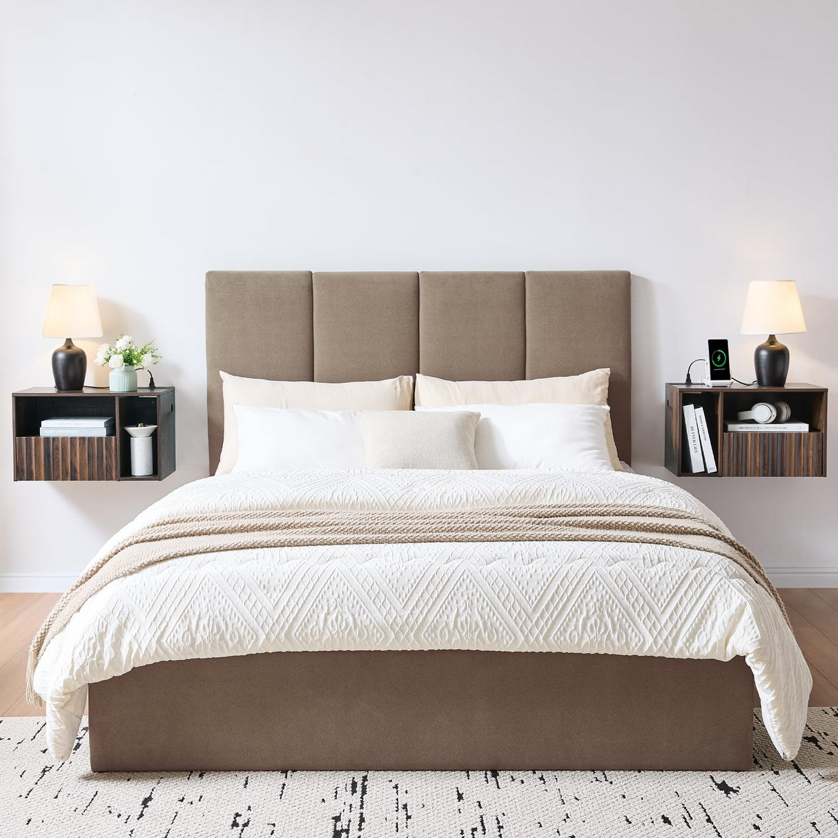 BuildHom Modern Walnut Fluted Floating Nightstand with Charging Station, NightStand with Drawers, Bedside with USB Ports and Outlets, Bedroom Furniture (Set of 2) BuildHom