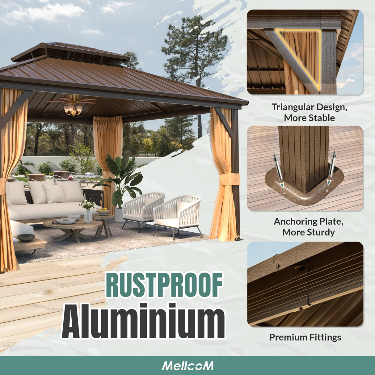 MELLCOM Hardtop Gazebo 10x12, Heavy Duty Galvanized Steel Double Roof with Stylish Vertical Stripes, Nettings and Curtains Included MELLCOM