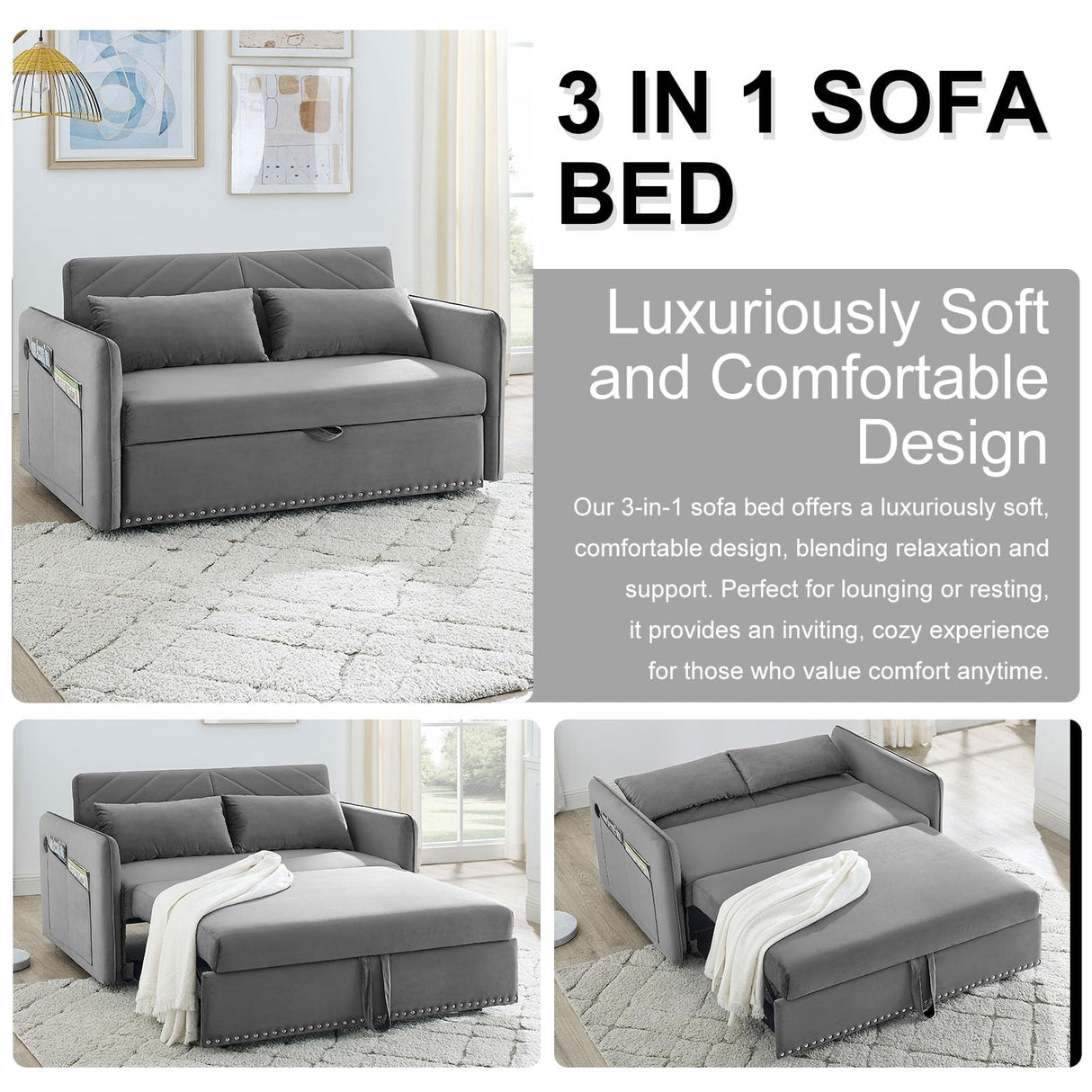 howcool 3 in 1 Convertible Sleeper Futon Sofa Bed, 55" Velvet Small Loveseat Lounge Couches with 2 Pillows, Reclining Backrest, USB Ports & Side Pockets for Living Room, Pull-Out Couch, Light Grey howcool