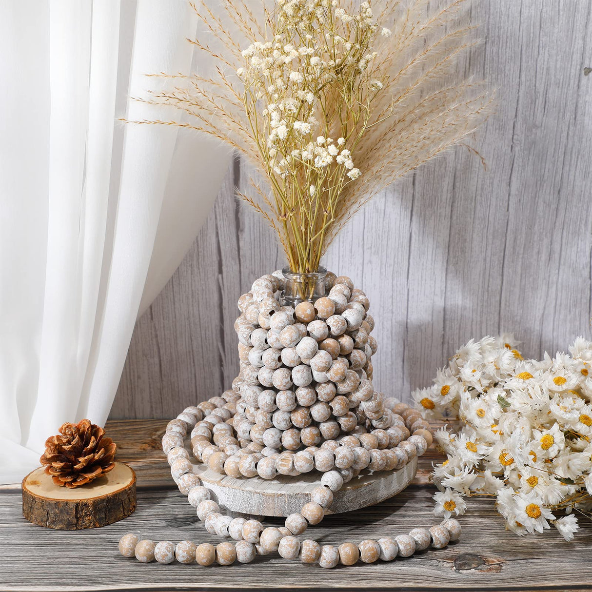 Christmas Wooden Bead Garland Wood Bead Garland Christmas Tree Decorations for Christmas Holiday Favors, 12 Feet (Retro White) Hicarer