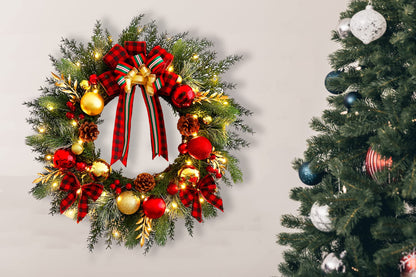 Christmas Wreath with Lights 20 Inch Pre-Lit Christmas Door Wreath for Front Door with Red Plaid Bow and Ball Ornaments, Battery Operated Timer 40 LED Lights, Holiday Decoration for Fireplace Xmas