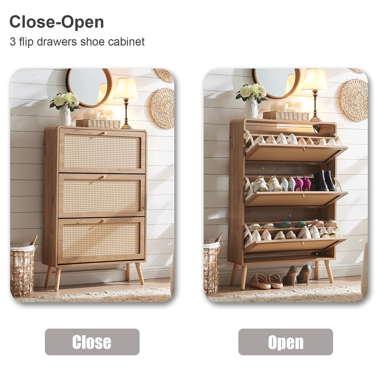 Anewome Rattan Shoe Cabinet with 3 Flip Drawers, 24 Pairs Shoe Storage Cabinet for Entryway Freestanding Hidden Shoe Rack with Drawers Slim Shoe Organizer for Hallway, Living Room, Natural Anewome