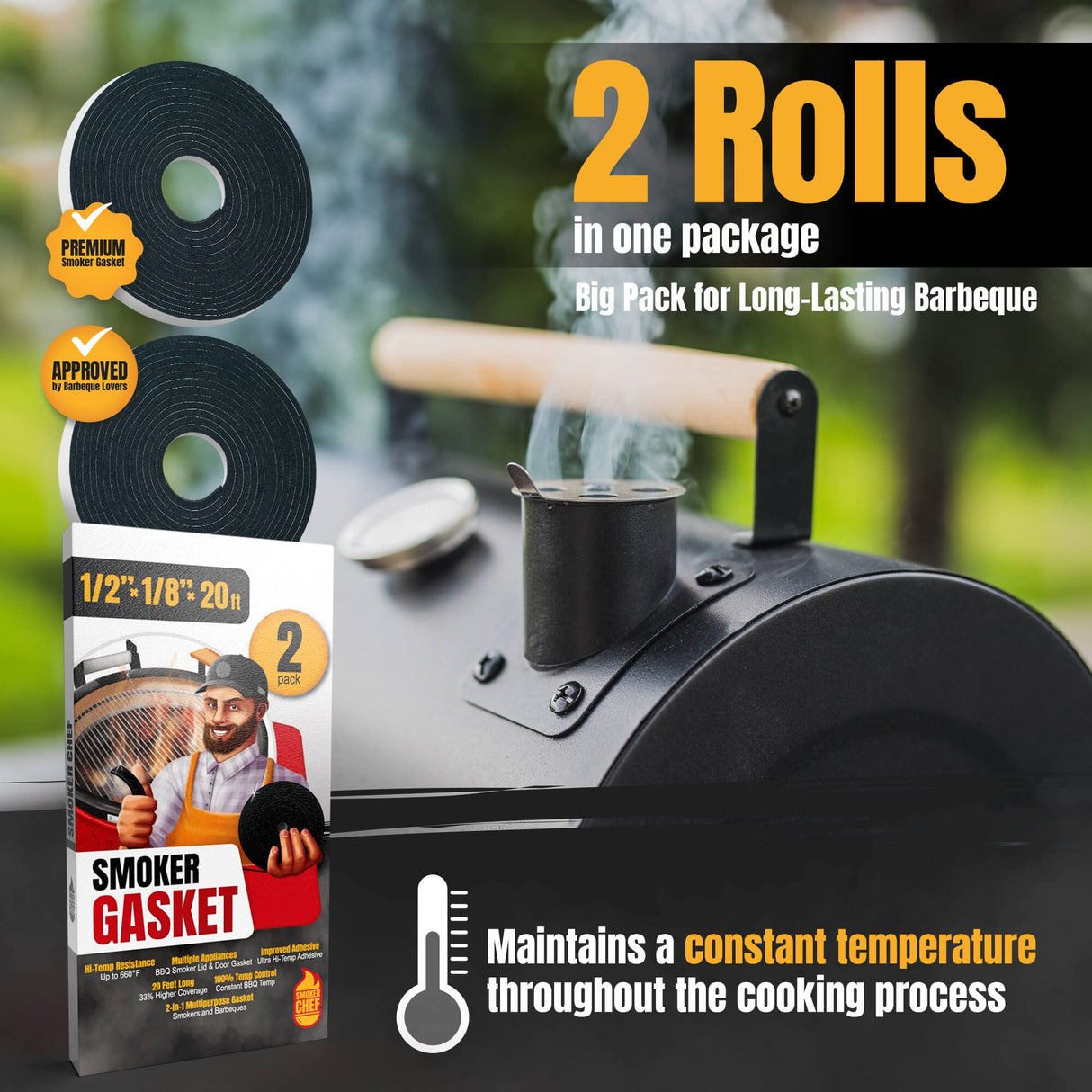 Smoker Chef XXL 20 FT Grill Gasket for Smokers - Black 1/2’’ x 1/8’’ Hi Temp Seal Smoker Gasket – 2-Pack x 10 FT Self Stick Black Nomex Fire Tape for BBQ Lid – High Heat Temperature Material Replace Smoker Chef