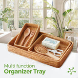 Rattan Serving Tray, Rectangle Rattan Basket Set of 3, Wicker Storage Basket Wicker Baskets for Organizing, Natural Basket Tray Decorative Basket Woven Tray for Home Decor Bathroom Kitchen Counter S310
