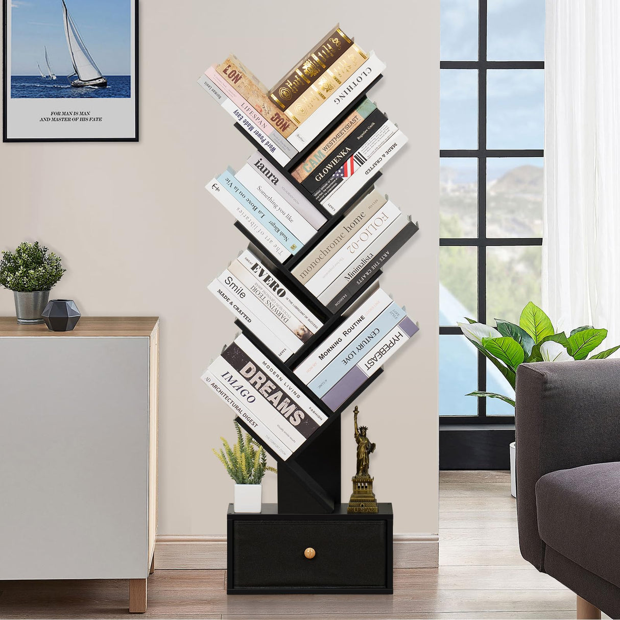 SHEEPAM 8-Tier Tree-Shaped Bookshelf with Drawer - Space-Saving Black Wood Bookcase for Home & Office SHEEPAM