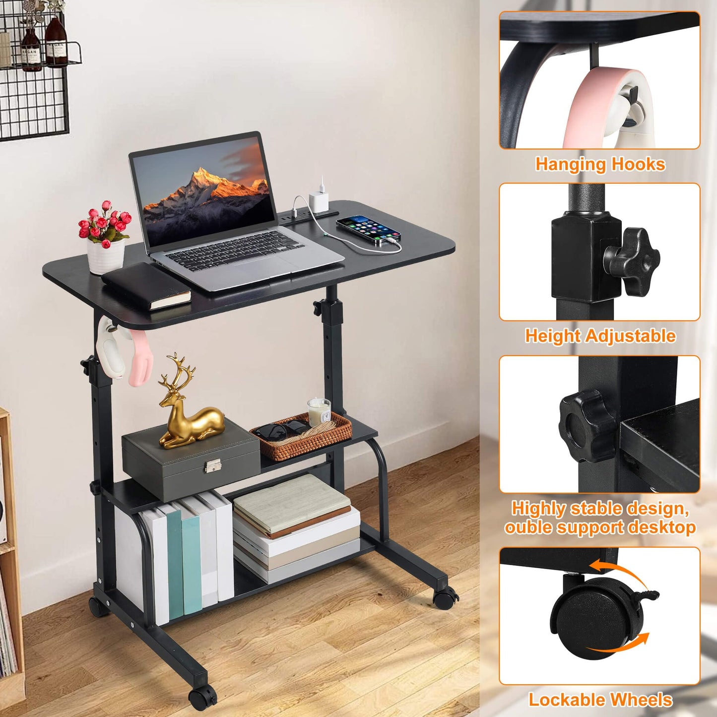 Standing Desk Small Computer Desk,Small Desk for Bedroom,Corner Desk for Small Space,Small Office Desk Adjustable Desk,Mini Desk Stand Up Desk Laptop Desk,Portable Rolling Desk 31.5 Inch Black C