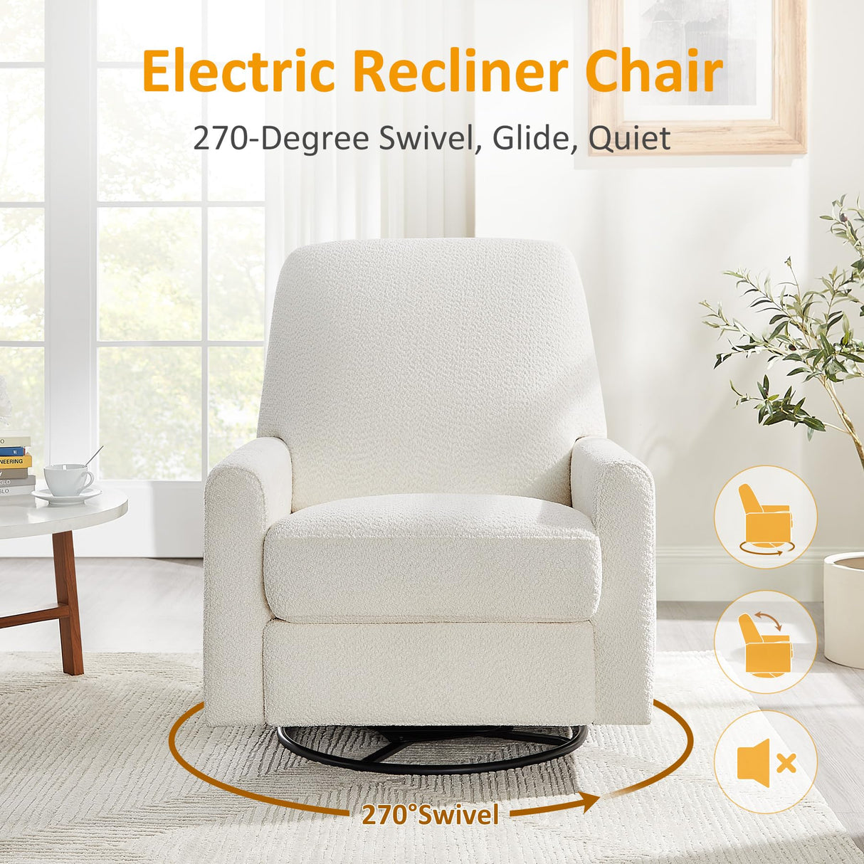 VANOMi Power Swivel Glider Recliner Chair, Electric Nursery Rocker Recliner Chair, USB & Type-C Charger, Boucle White VANOMi