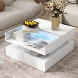Modern Lift Top Coffee Table with with Storage Drawers, Square Center Table with Glass Tabletop & LED Lights for Living Room, White SOFTSEA