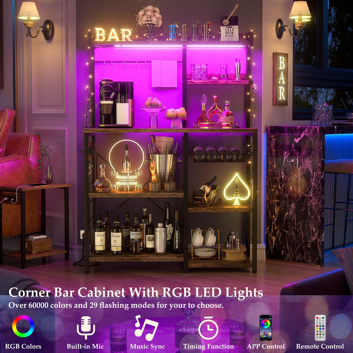 Aheaplus Bakers Rack with Power Outlet and LED Light Strings, Microwave Oven Stand Kitchen Storage Shelf with Wire Basket, Coffee Bar Station Island Table with 10 Hooks for Spices, Pots, Rustic Brown Aheaplus