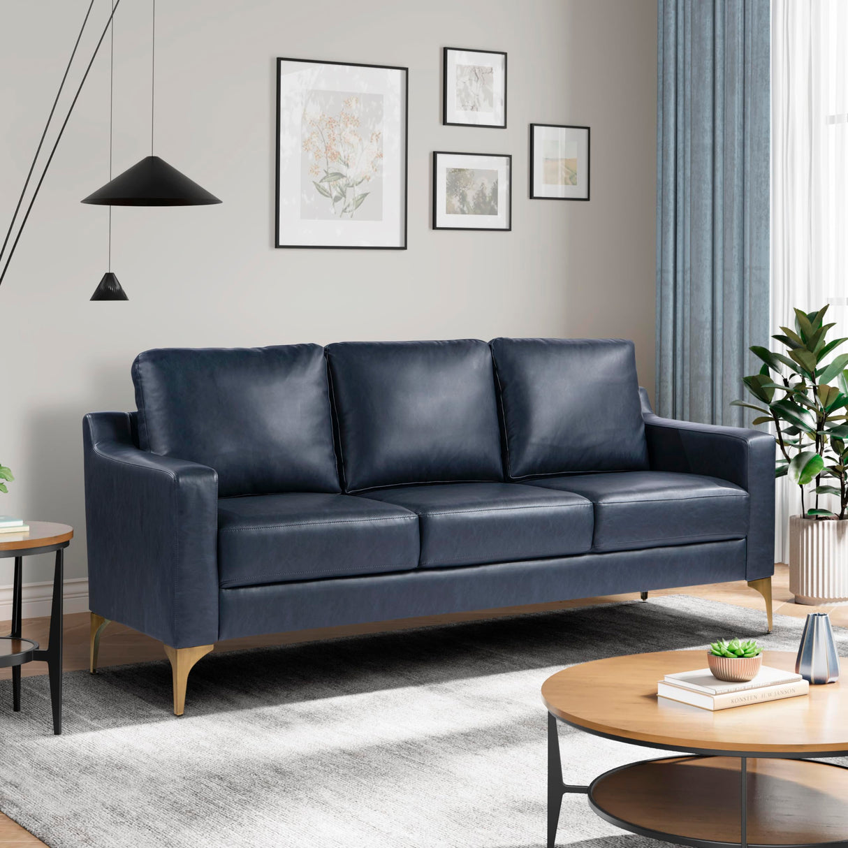 Serta Triton 78" Sofa, Transitional Modern, Dreamcoil Comfort, Metal Legs, Vegan Leather, Navy Blue Serta