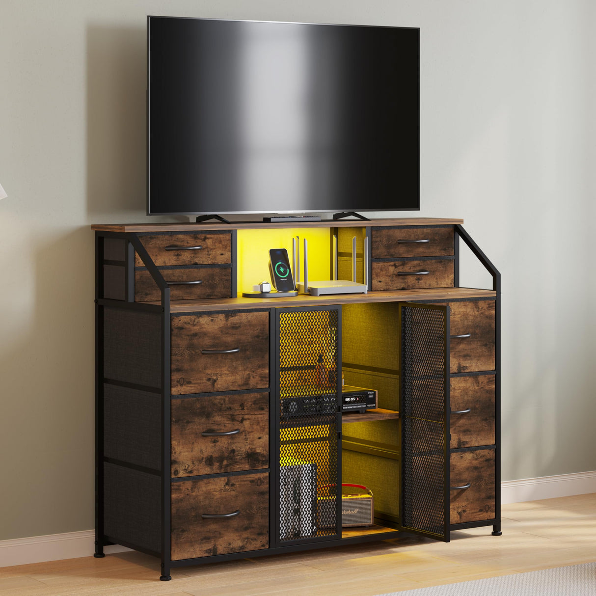 LUMTOK 10 Drawers Dresser, Drawer Dressers with Shelves, Door, Power Strip and LED Lights for Bedroom Living Room, Entryway, Closets (Rustic Brown) LUMTOK